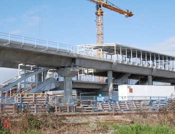 Structural steel and roofing of Bridgeport Station are installed.