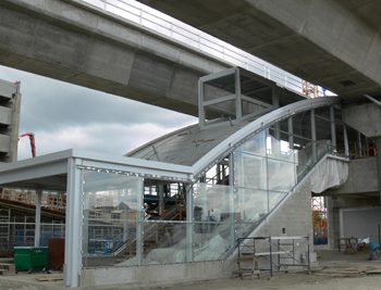 Glazing of the station entrance is underway.