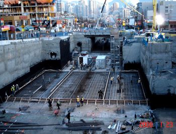 The base slab, constructed with rebar, as the platform area of the station is prepared for the first concrete pour. In total 667 tonnes of rebar was required to build the station.