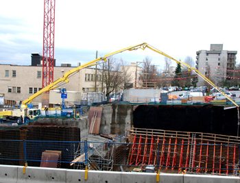 Pouring starter wall for the mezzanine slab. In total 6101 cubic meters of concrete was poured for the station.