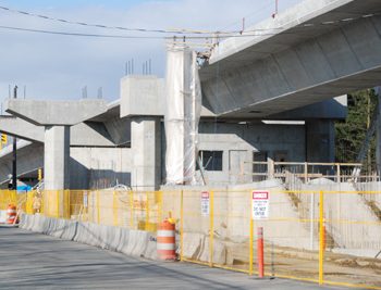 A closer look at the platform supports of Marine Drive Station and the system building underneath the elevated guideway.
