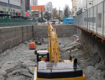 30,000 cubic meters of soil was excavated from the site. VCC was the only downtown station requiring blasting to break up the ground material.