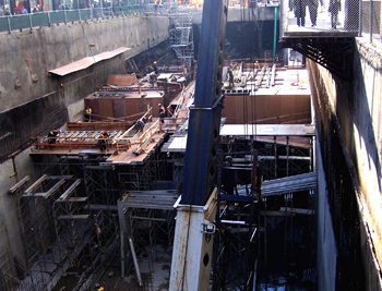 False work at the concourse level of the station where passengers will access the trains. Mechanical, electrical and utility rooms are also located on this level.
