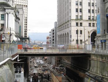 As the largest downtown station -- extending along two narrow blocks of Granville Street and having an impact on three major intersections -- Waterfront Station was one of the most challenging stations to construct on the Canada Line.