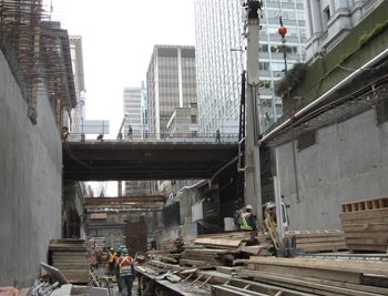 While the overall design concepts differ, construction of Waterfront Station shares a similar building methodology with the 7 other underground stations along the Canada Line. The station, which is 18 metres wide and reaches a maximum depth of 17.5 metres, was built in less than 36 months.