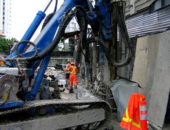 Extensive micropiling work, required for shoring in confined spaces, was used to shore the perimeter of the station box.