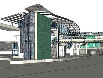 Computer rendering of the YVR-Airport Station. From the westerly viewpoint, the glass enclosed staircase tower is in the foreground.